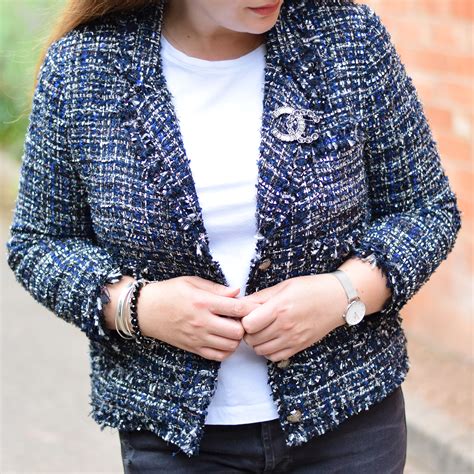 chanel navy tweed jacket|chanel tweed jacket zara.